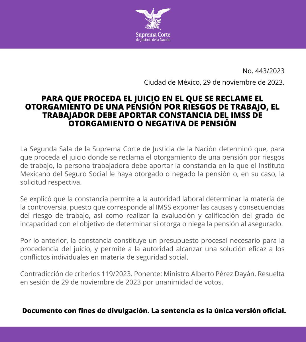 Para que sea procedente el juicio donde se reclama el otorgamiento de una pensión por riesgos de trabajo, la persona trabajadora debe aportar la constancia en la que <a href="/Tu_IMSS/">IMSS </a> otorga o niega la pensión: #SegundaSalaSCJN bit.ly/46CYV6o