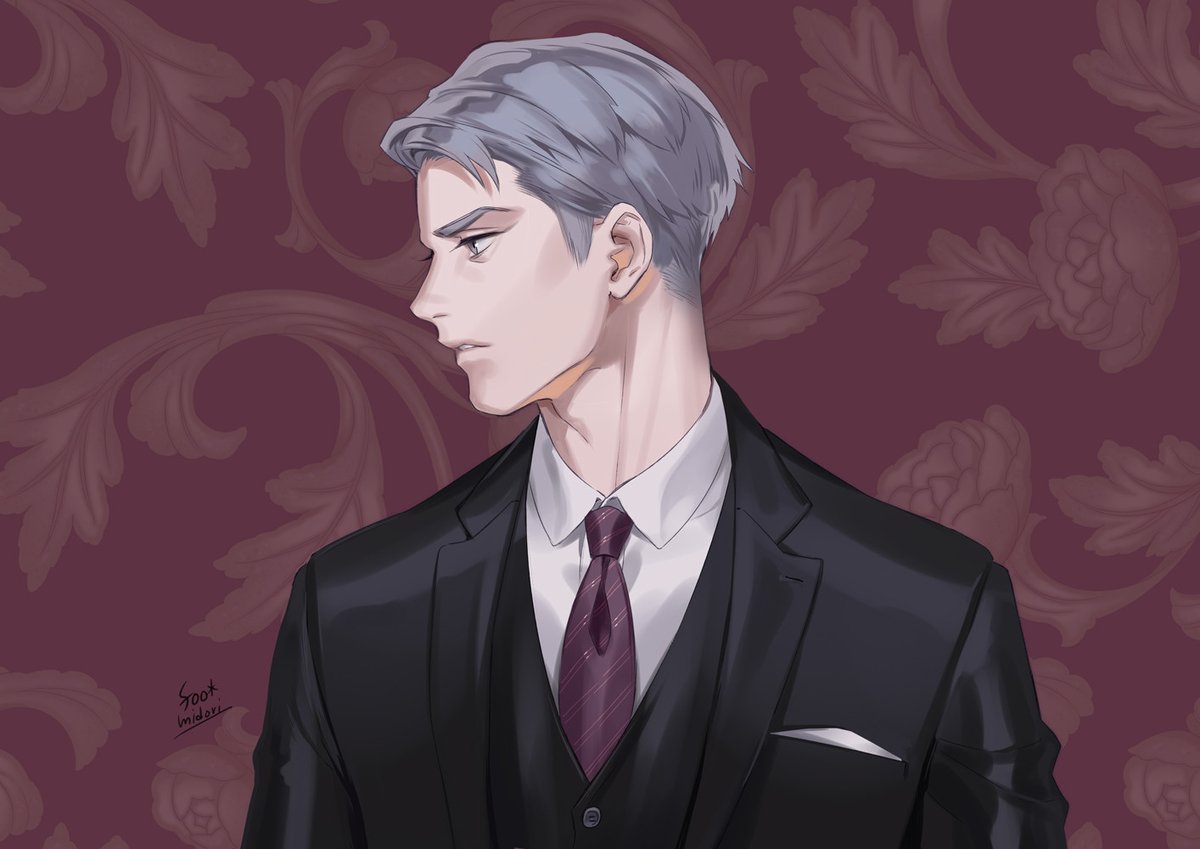 1boy male focus necktie solo formal grey hair suit  illustration images