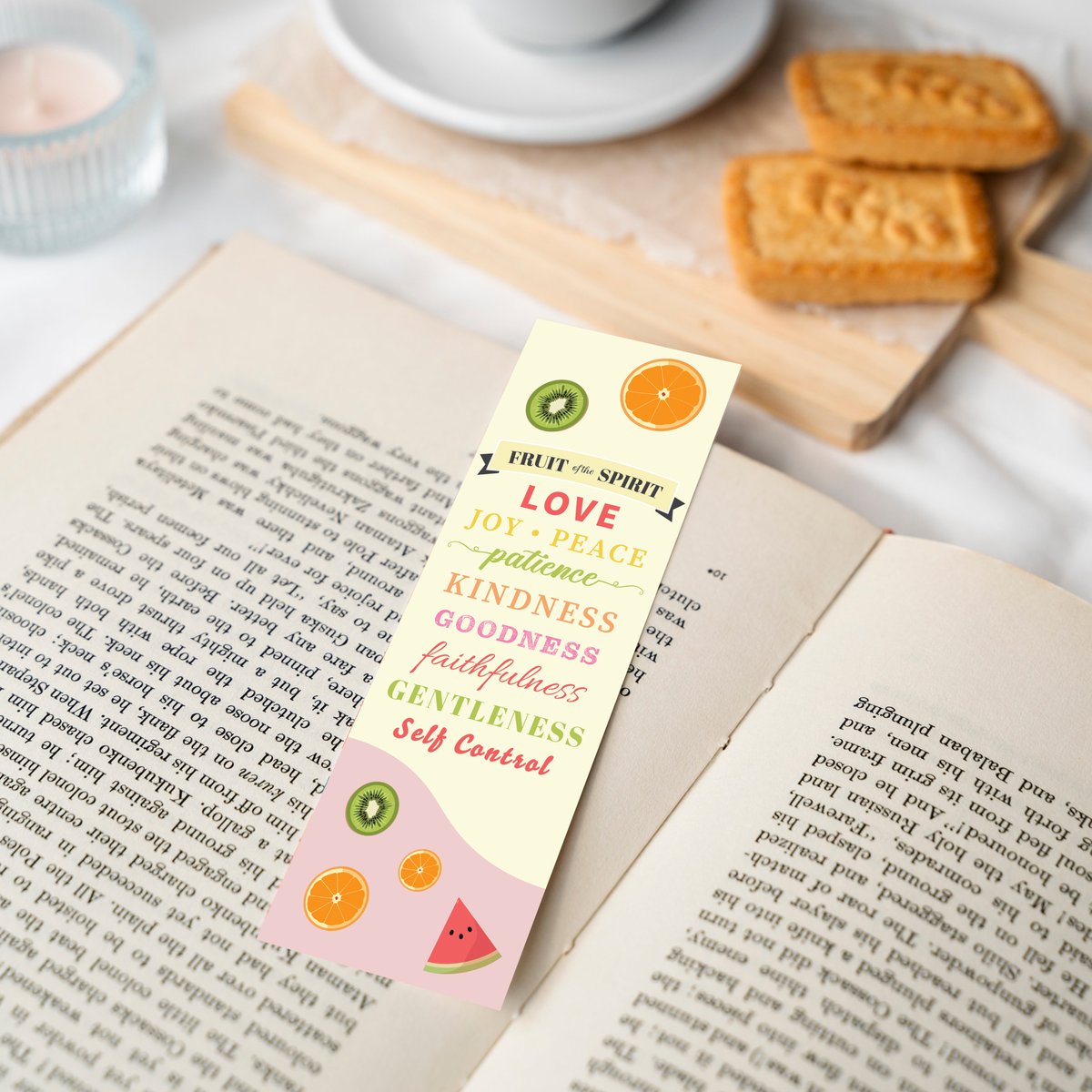 Check out this beautiful bookmark I designed with the 'Fruits of the Spirit'. I've also created an Etsy store, you can purchase and download some of my designs here: michellegummowdesign.etsy.com #FruitOfTheSpirit #BookmarkDesign #VirtuesInArt #bookmarkart #graphicdesign #love #joy