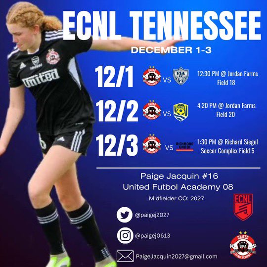 paigej2027's tweet photo. Headed to Tennessee tomorrow! Looking forward to playing some great teams. Let’s go UFA! @ImYouthSoccer @UnitedFA_ECNL @UFA08G_ECNL @PrepSoccer @TopDrawerSoccer @TheSoccerWire https://t.co/SQ7VIIyyOJ