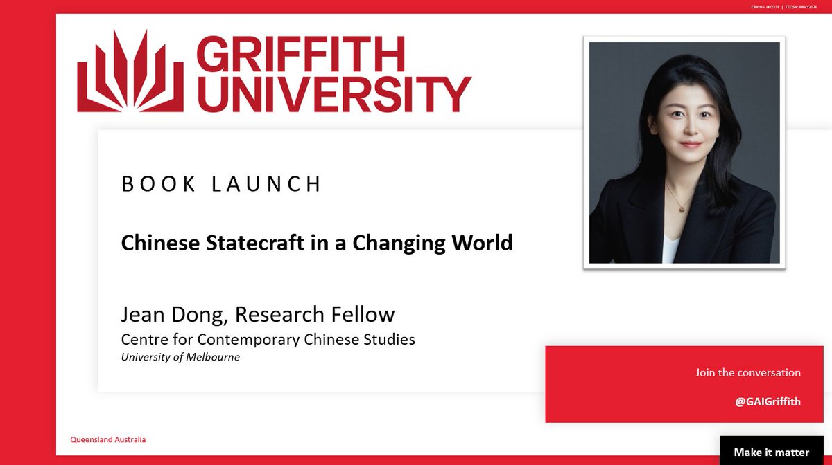 One week to go! ⭐⭐UPCOMING EVENT⭐⭐ BOOK LAUNCH | Chinese Statecraft in a Changing World WHEN : Thursday, 7th December TIME: 6-7pm (Doors open 5:30pm) WHERE: S05, QCA Lecture Theatre & Gallery, South Bank Campus, 226 Grey St 👇MORE DETAILS HERE👇 events.griffith.edu.au/lmov3a