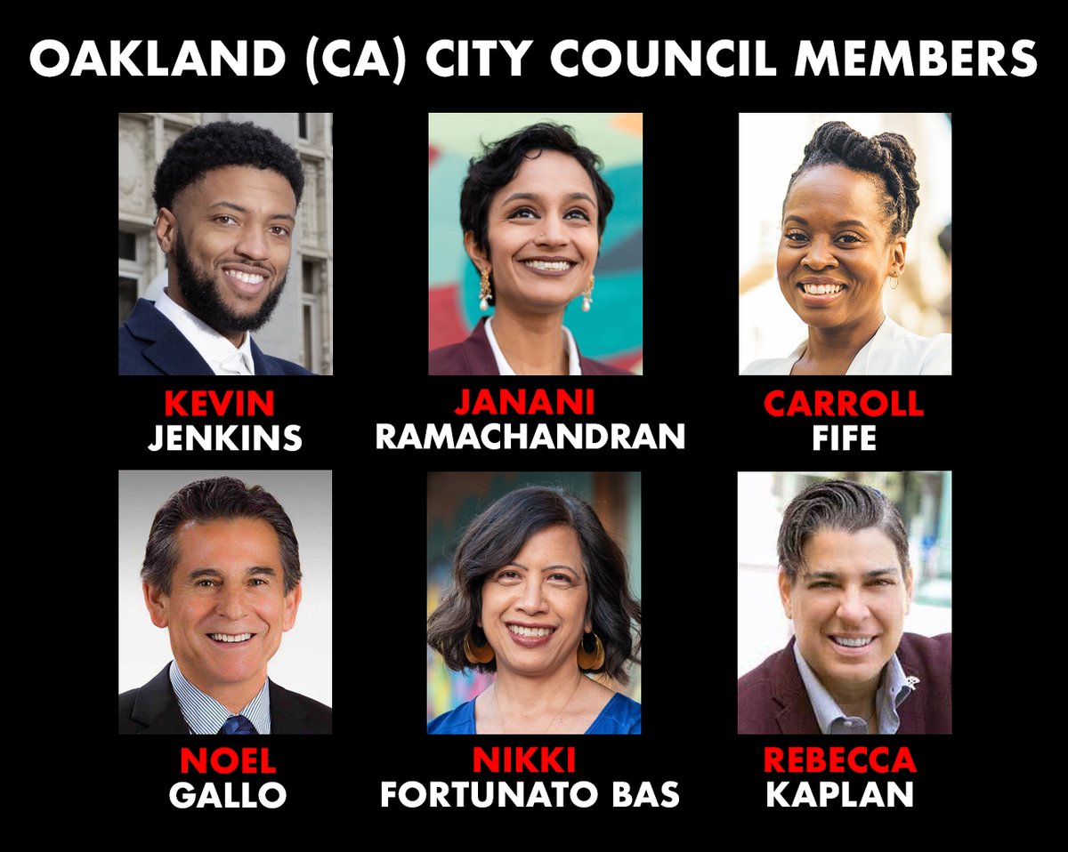 Meet the 6 members of the Oakland City Council who refused to condemn Hamas terrorists who beheaded babies, raped young woman, and murdered more than one thousand people in Israel on October 7th.

- Kevin Jenkins
- Janani Ramachandran
- Carroll Fife 
- Noel Gallo 
- Nikki