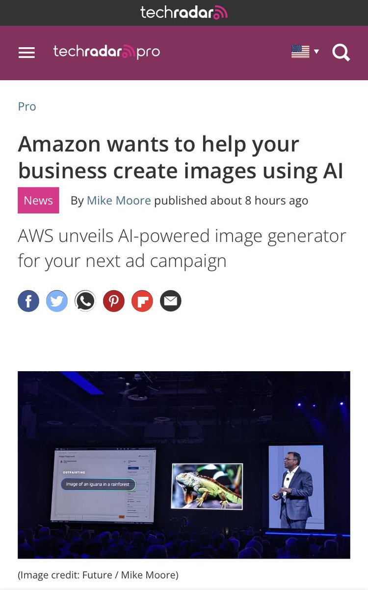 usmanthaheem1's tweet photo. "Exciting news from #AWSreInvent2023! ๐ Amazon introduces Titan Image Generator, a game-changer in AI image creation. ๐จ Joining the ranks of tech giants, it promises studio-quality images with natural language prompts. ๐๐ก #AmazonTitan #AIGeneration #Innovation #TechRadarPro https://t.co/5GRJbs7MlE