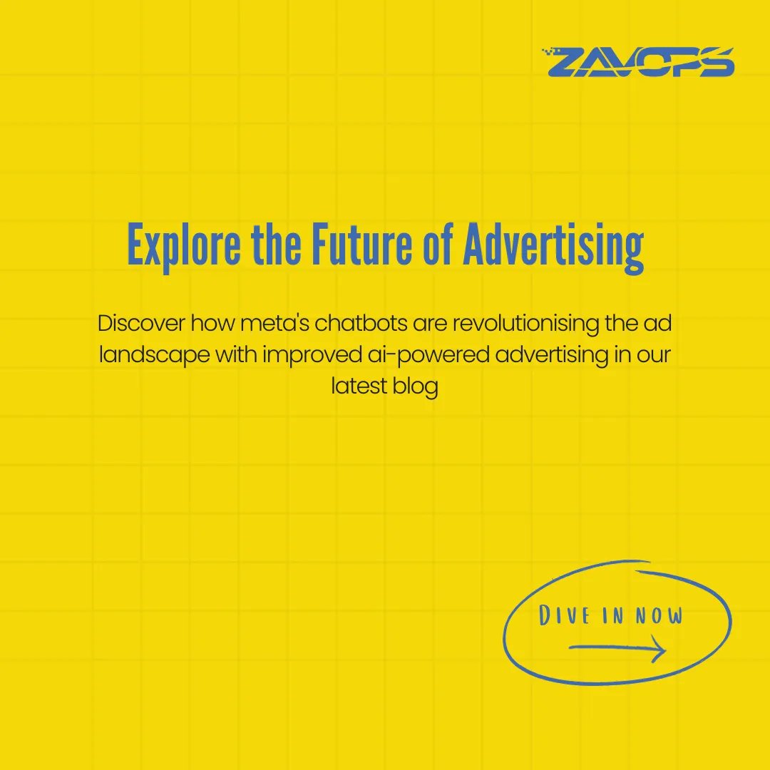 zavops's tweet image. Meta's Chatbots for Improved AI-powered Advertising are the game-changers in the world of marketing, enhancing personalization and boosting user engagement like never before. 

Check out our latest blog:

zavops.com/blogs/revoluti… 

#Zavops #MetaChatbots #AIAdvertising #Chatbots