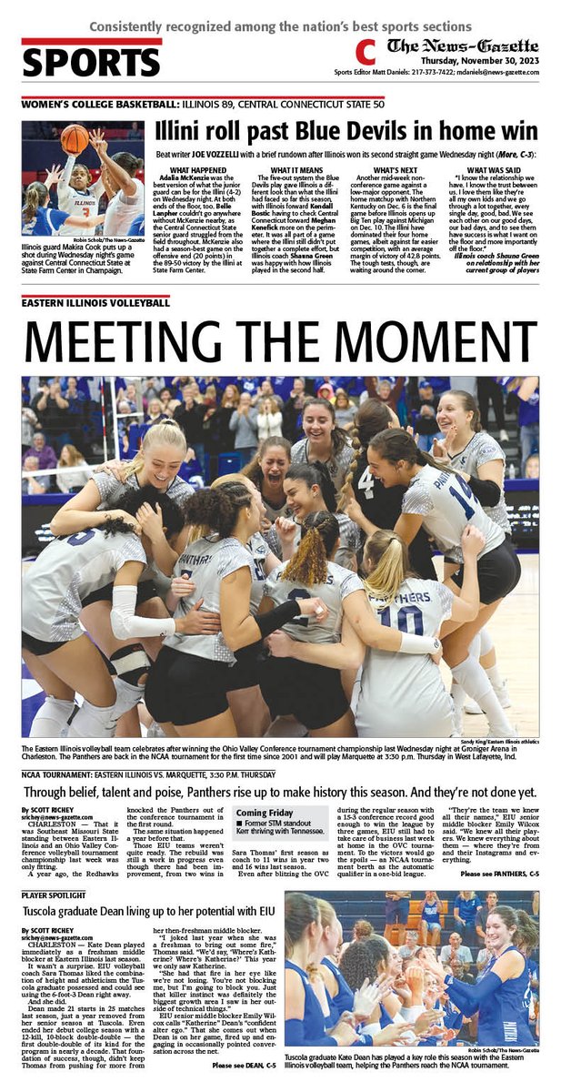 IlliniHQ (@illinihq) on Twitter photo Thursday's N-G sports cover features <a href="/srrichey/">Scott Richey</a> on <a href="/EIU_Volleyball/">EIU Volleyball</a>'s return to the NCAA tournament with former <a href="/TuscolaAD/">Tuscola HS Athletics</a> standout Kate Dean a key factor for Panthers this season. Also, <a href="/JoeVozzelli/">Joe Vozzelli Jr.</a> on an 89-50 home victory for #Illini women's basketball.
<a href="/APSE_sportmedia/">APSE</a> Thursday's N-G sports cover features <a href="/srrichey/">Scott Richey</a> on <a href="/EIU_Volleyball/">EIU Volleyball</a>'s return to the NCAA tournament with former <a href="/TuscolaAD/">Tuscola HS Athletics</a> standout Kate Dean a key factor for Panthers this season. Also, <a href="/JoeVozzelli/">Joe Vozzelli Jr.</a> on an 89-50 home victory for #Illini women's basketball.
<a href="/APSE_sportmedia/">APSE</a>