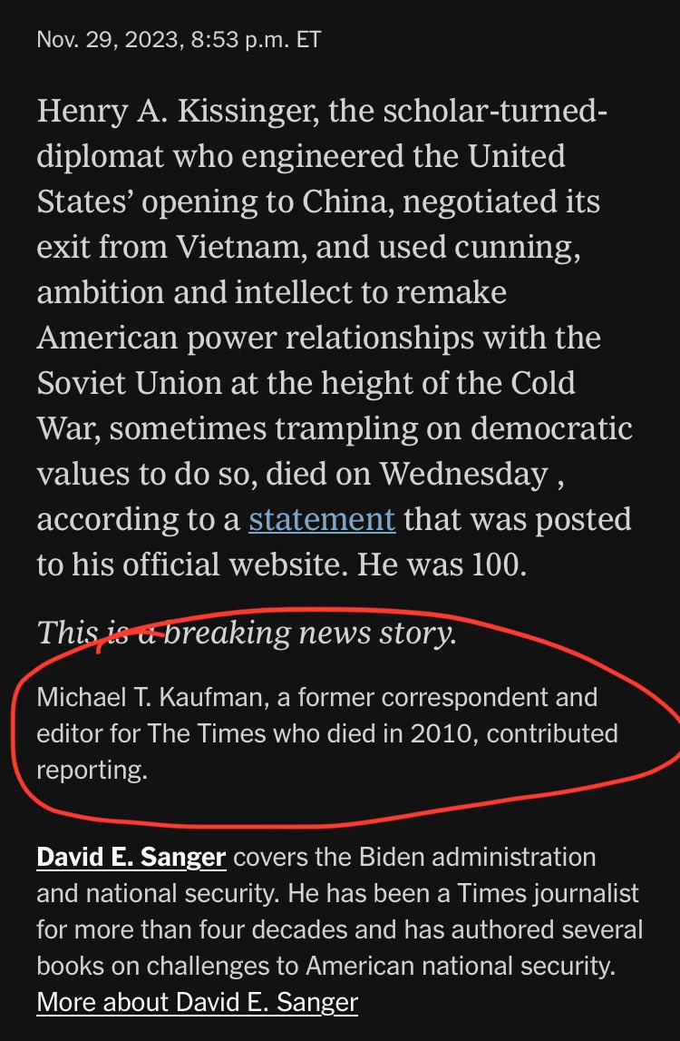 Does this mean the NYT has been sitting on this one-paragraph announcement of Kissinger’s death (or at least a version of it) since at least 2010? Do I have this right?