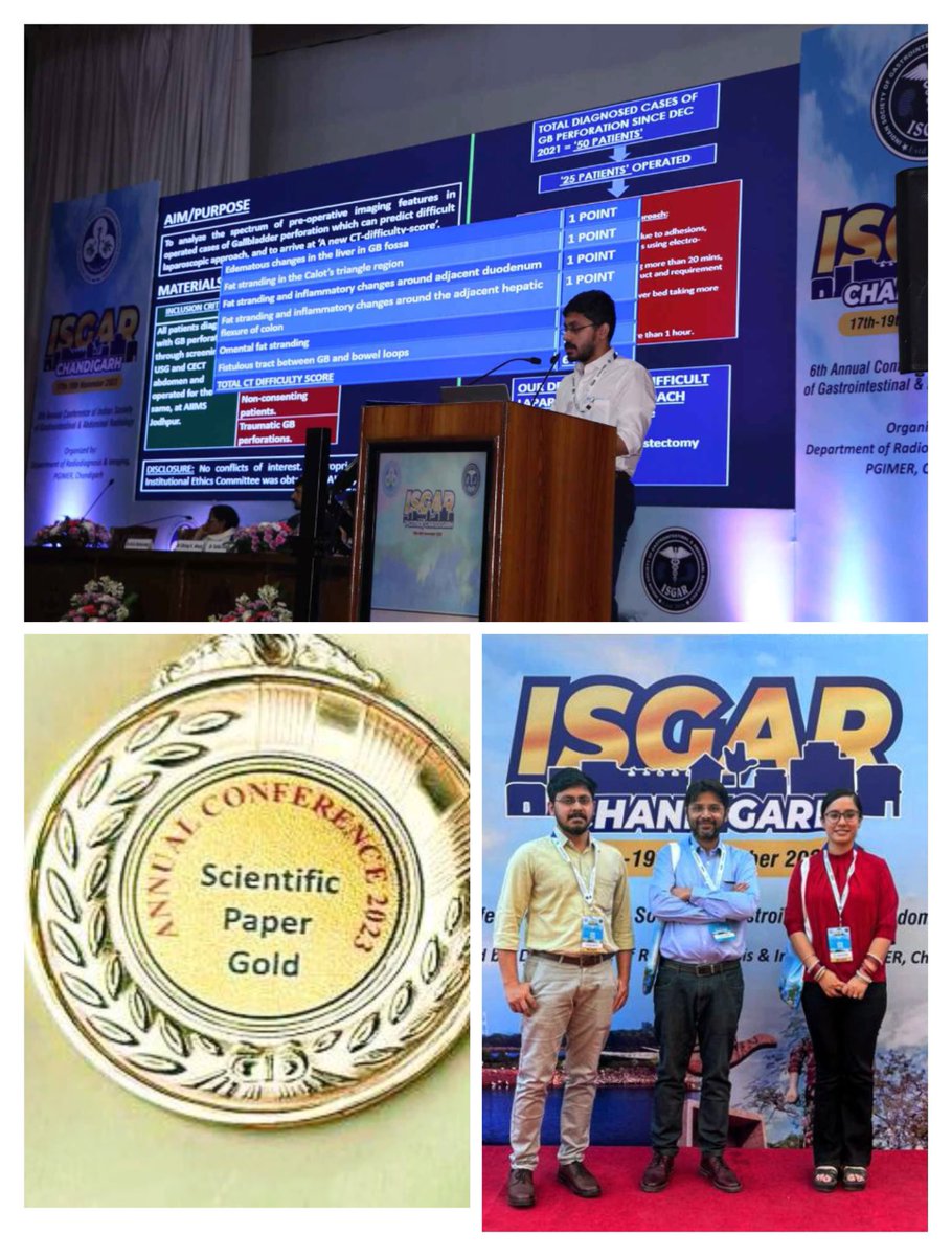 aiims_jodhpur's tweet photo. Our PG students not only enriched their knowledge & skills but also brought laurels to #AIIMSJodhpur. Dr Vijaya, final year MD Radio-diagnosis student, won 1st prize (Oral) on her study on GB Perforation, new scoring system on imaging while Dr Tashmeen, (Abdominal Fellow) - topic on pancreas won 1st prize (Poster) at #ISGAR held at PGI Chandigarh. Congratulations to both & their mentors & collaborators. @MoHFW_INDIA