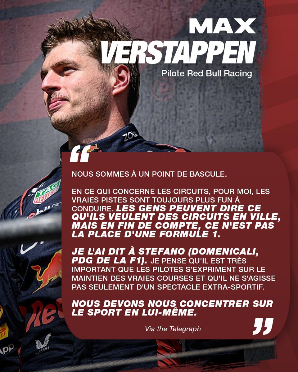 🔴 Max Verstappen affirme que la F1 est actuellement à un "point de bascule" en se concentrant de plus en plus sur le show que sur le sportif ! 😬

💬 "Les gens peuvent dire ce qu'ils veulent des circuits en ville, ce n'est pas la place d'une F1."

(🗞️ <a href="/Telegraph/">The Telegraph</a>)

#F1