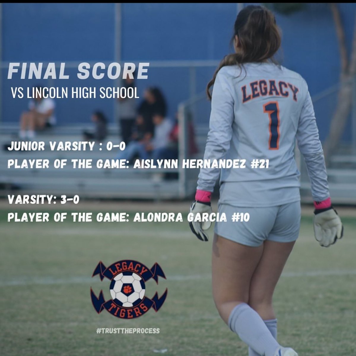 Final Score vs Lincoln High School 
Junior Varsity 0-0
Varsity 3-0
JV Player of the game: Aislynn Hernandez #21 
Varsity Player of the game: Alondra Garcia #10 

See you at league next week ;) 
 
#TrustTheProcess #76 #CM
