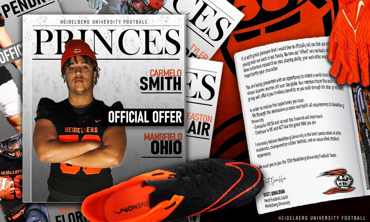 CarmeloSmith53's tweet photo. Blessed to receive my 4th offer from Heidelberg University🧡🖤 @Coach_Donaldson @CoachJakubcin @BergFootball https://t.co/EvZ6fw9KDW