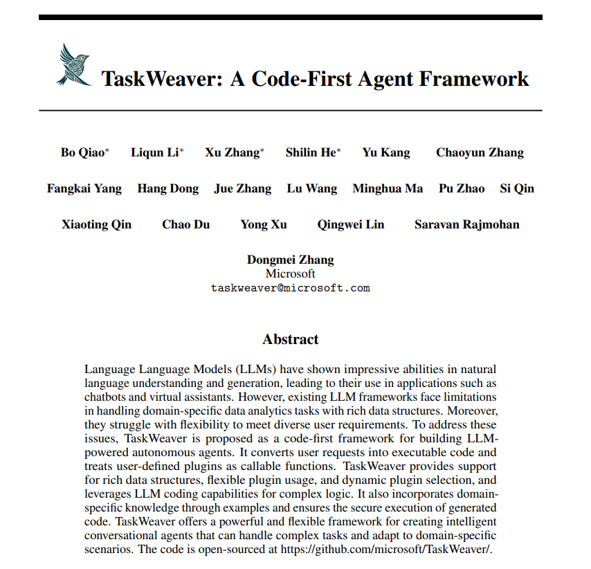 TaskWeaver: A Code-First Agent Framework

arxiv.org/abs/2311.17541
