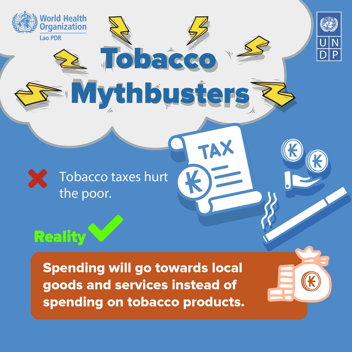 UNDPLaoPDR's tweet photo. #WHOxUNDP #TobaccoMythBustersTheSeries #MythBusterEP6

📌 #Myth➡️ Tobacco taxes hurt the poor.
🔍 #Truth👉 Spending will go towards local goods and services instead of spending on tobacco products. Check 👇  for more info. https://t.co/S3BbNRcX0P