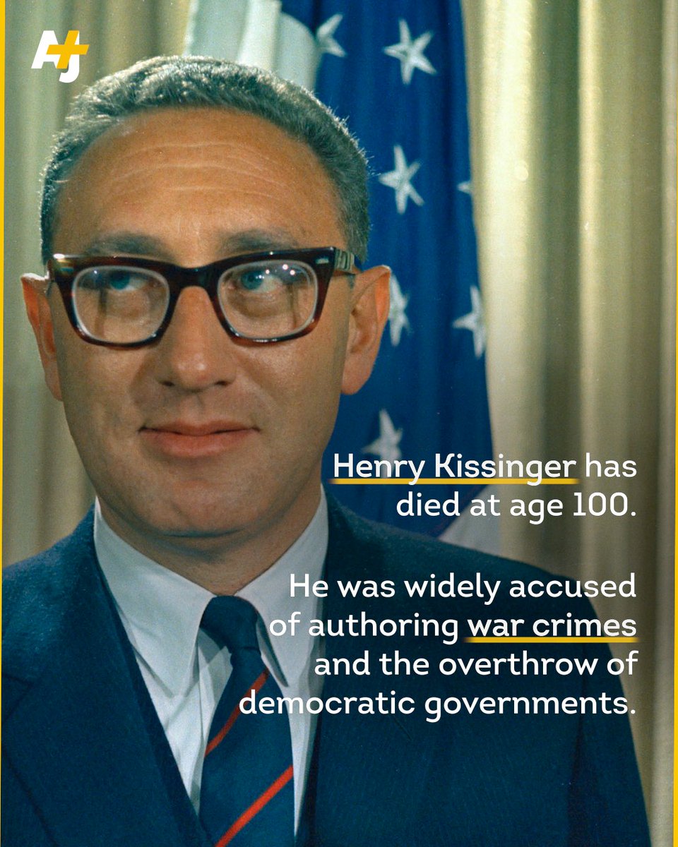 Henry Kissinger has died at age 100. The U.S. diplomat's decadeslong career was riddled with alleged crimes against humanity that still resonate today.

Despite this, Kissinger was awarded the Nobel Peace Prize and consistently advised presidential admins of both major parties.🧵