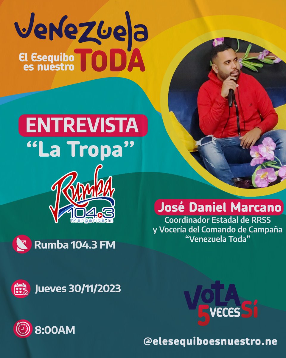 ☀️🇻🇪 #Conéctate #Sintoniza Mañana #30Nov a las 8:00 a.m. nuestro Coord. Estadal de RRSS y vocería del CC <a href="/venezuelatoda_/">Venezuela Toda</a> Nueva Esparta, José Daniel Marcano, estará en La Tropa de Rumba 104.3 FM 🎙

¡El ☀️ de 🇻🇪 nace en el Esequibo ❤️!