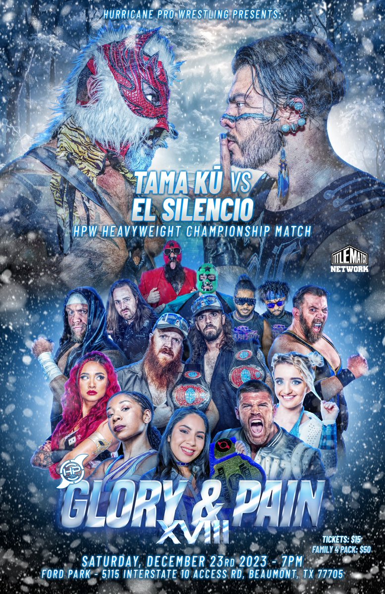 HPW presents “GLORY & PAIN XVIII” Saturday, Dec 23 at @FordPark @ 7p All 🎟️ $15 (Family 4 Pack $50) on sale this Friday! 🎥 @TitleMatchWN 🎨 Hiban Huerta