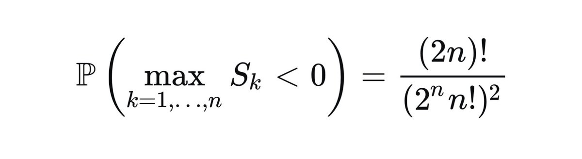 A random walk is

Sₙ = X₁+⋯+Xₙ

for IID sequence Xₙ. What is the probability that the first n terms are all negative?

Interestingly, if Xₙ has a continuous and symmetric distribution, there is a simple answer which does not further depend on the distribution.