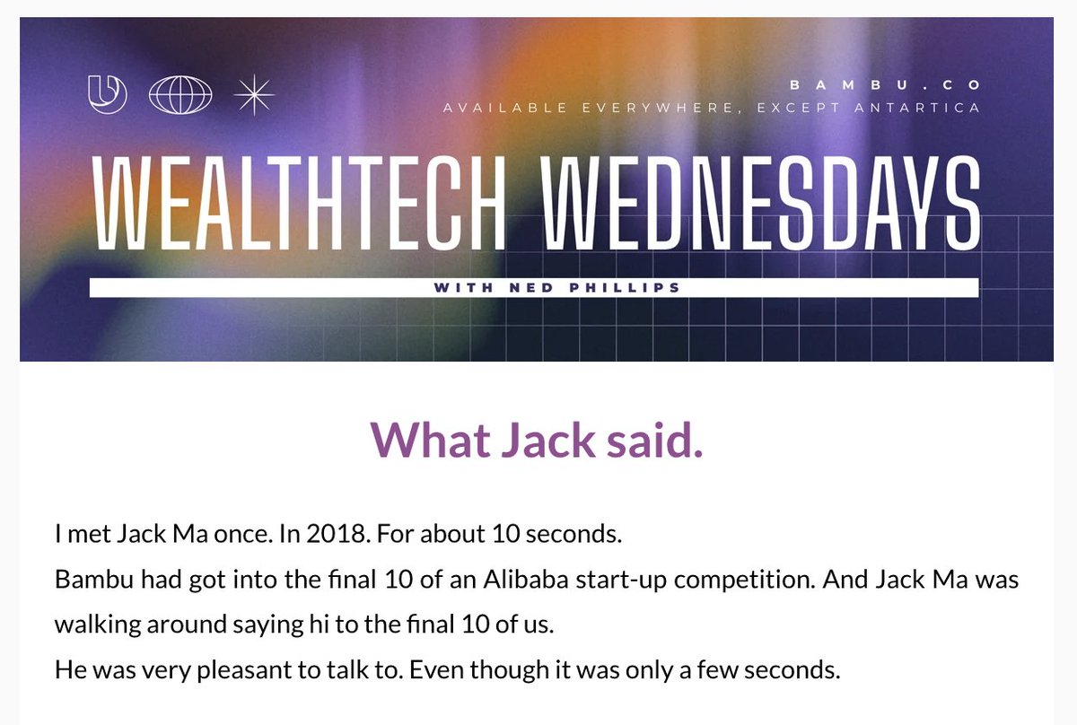🚀 Excited to share insights from Ned’s encounter with Jack Ma in this week’s #WealthTechWednesdays newsletter! 🌐✨
Sign up for our weekly newsletter and find out more. 

#Wealthtech #WealthTechWednesdays #Roboadvisor #Fintech
