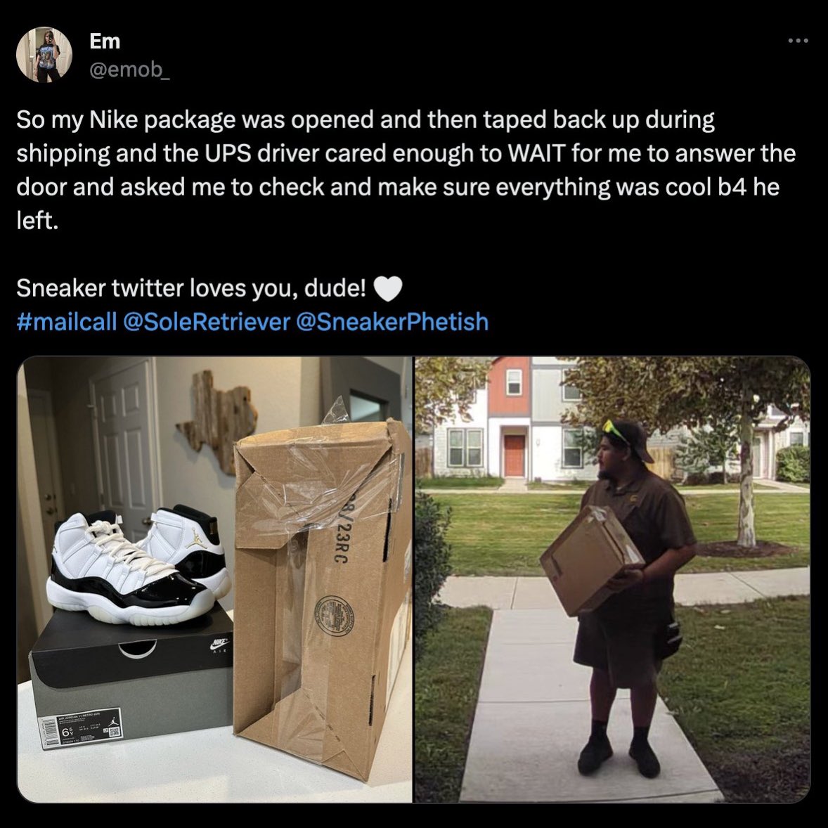 emob_'s tweet image. The ‘gratitude’ is real. Literally.
Thank you so much for the gift, @Jumpman23. I cannot wait to give my UPS driver (Robert) his envelope!!🥹
Also s/o @SoleRetriever, @nicekicks, @ComplexSneakers, and everyone else for sharing the story and helping Robert get his recognition.🤍