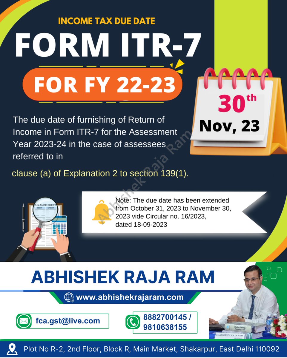 INCOME TAX DUE DATE
FORM ITR-7 FOR FY 22-23

#IncomeTaxReturn #TaxFiling #TaxCompliance #FinancialReporting #IncomeTaxIndia #Taxation #BusinessFinance #IndianTax #ITRFiling