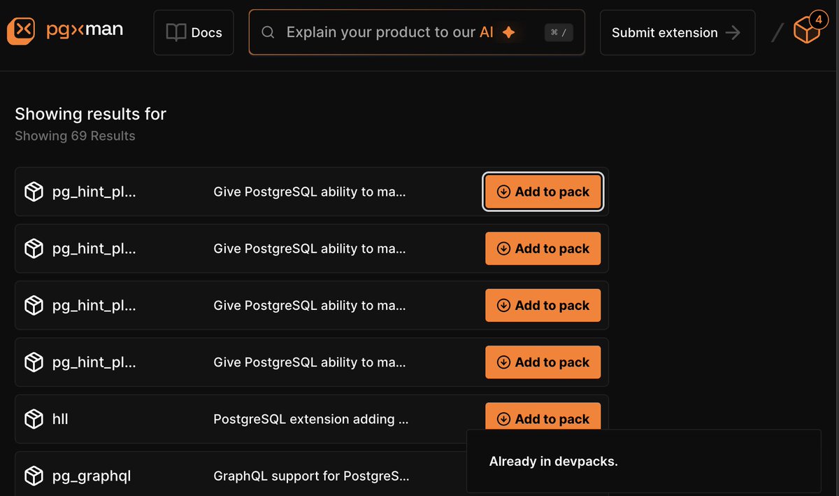 samokhvalov's tweet photo. https://t.co/CUTtKDIRre looks like an online store for pg extensions – the "add to pack" button puts an ext to the shopping cart, then you "checkout" (install them with a one-liner)

interesting idea https://t.co/vGAYIm9pje