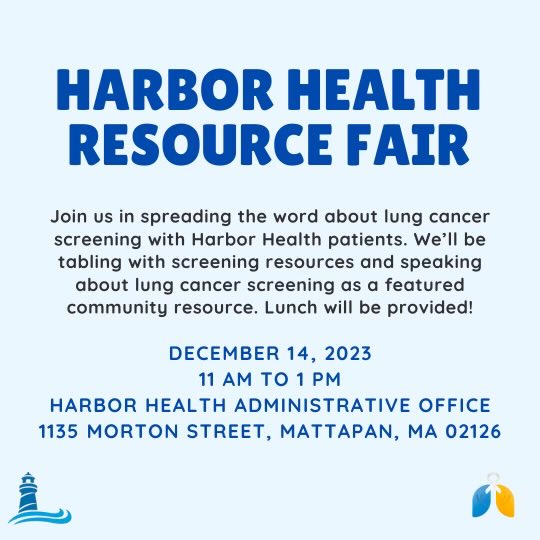 Our #Boston ALCSI team will be tabling and presenting about #lungcancer screening at the @Harbor_Health resource fair on 12/14! We would love for anyone in the area to join us in spreading the word about #earlydetection and learning about the @Harbor_Health patient experience!