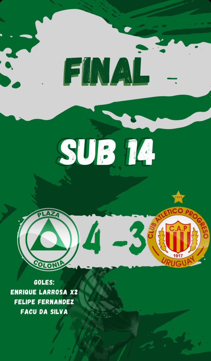 Finales del día de hoy 🔚

🏆 Fecha 7 “Copa de Oro”
Fase definitoria
🆚 <a href="/ProgresoOficial/">C. A. Progreso</a> 
🏟️ Prandi

Finales:
#Sub16 3 - 0 ✔️
#Sub15 1 - 0 ✔️
#Sub14 4 - 3 ✔️

Con estos resultados podemos decir que “VOLVIMOS”

Somos de la 🅰️
#VamosPlaza