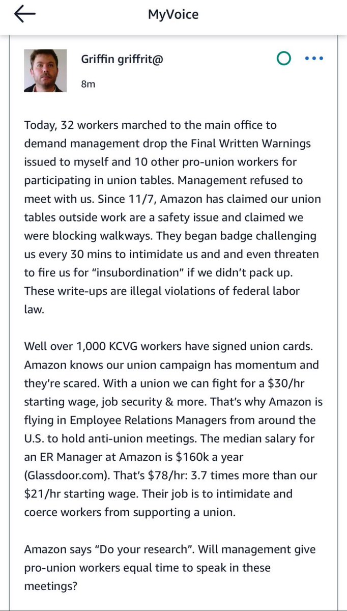 AmazonUnionKCVG's tweet image. Today, 32 KCVG workers marched on Amazon bosses to demand they drop illegal write-ups against 11 pro-union workers.

Management is pulling hundreds of co-workers into “captive audience” meetings to spread anti-union lies.

Get the facts from co-workers, NOT management👇