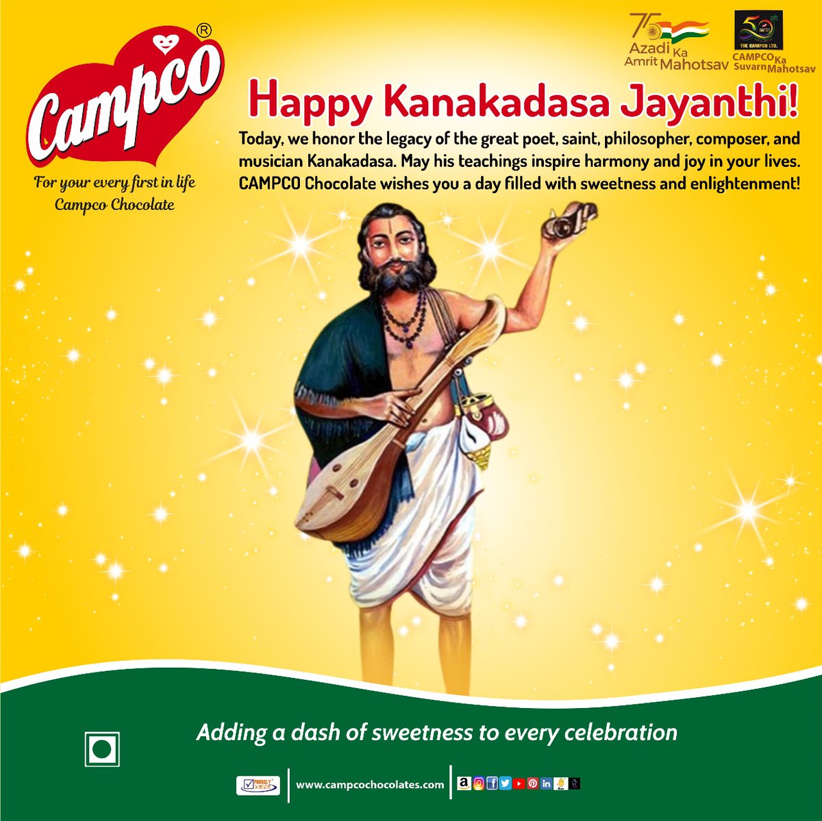 campcochocolate's tweet photo. 🎉 Today, we honor the legacy of the great poet, saint, philosopher, composer, and musician Kanakadasa. CAMPCO Chocolate wishes you a day filled with sweetness and enlightenment! 🍫✨* #KanakadasaJayanthi #CAMPCOChocolate #campco#happiness #chocolate https://t.co/IBYoRAZkHr