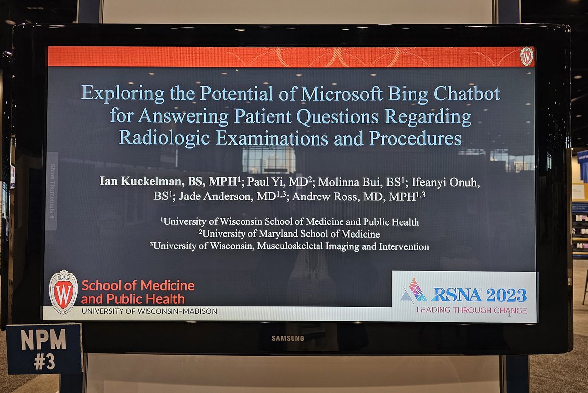 Such a fantastic job from <a href="/uwsmph/">UW School of Medicine and Public Health</a> M4 <a href="/IanKuckelman/">Ian Kuckelman, MD/MPH</a> presenting at <a href="/RSNA/">RSNA</a> today❕❕ 💪🏾🤗🥲

Can't wait to see him in action as a Radiology resident❗❗

Best mentor: <a href="/drewrossmd/">Drew Ross</a> 

#RSNA23 <a href="/PaulYiMD/">Paul Yi</a> #MolinnaBui #IfeanyiOnuh <a href="/UW_MSKrad/">UW MSK Imaging & Intervention</a> <a href="/UWiscRadiology/">UW Radiology</a>