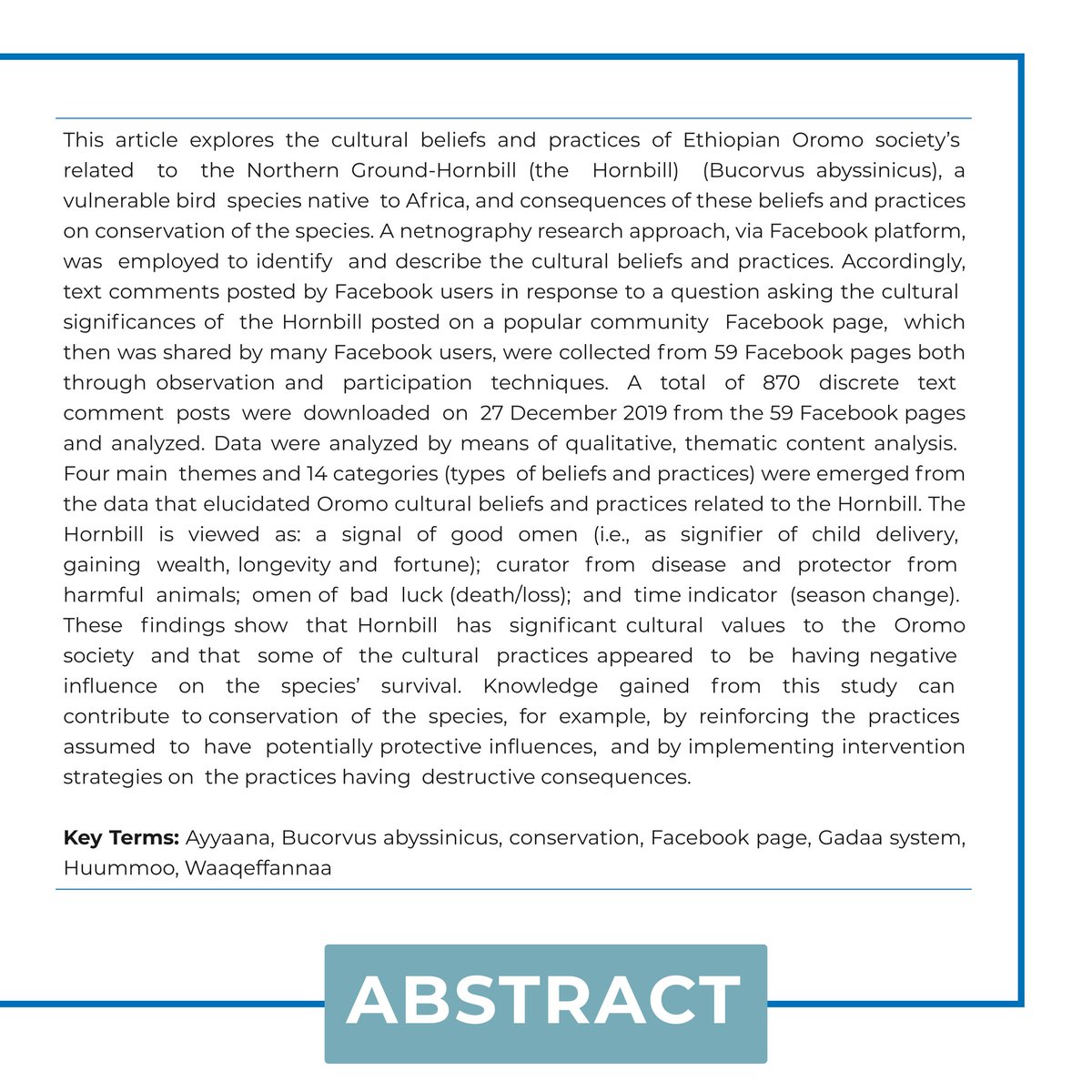 Hey everyone! Check out the fascinating findings of a research on Northern Ground Hornbill, including their significance in Oromo cultural beliefs. You can read the full journal here: researchgate.net/profile/Addisu… #IUCN #IUCNHSG #Hornbill #Bird