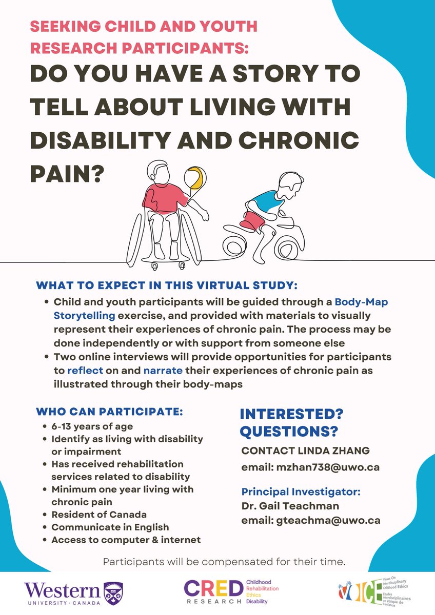 Do you know a child with a story to tell about living w/ disability & chronic pain?👇🏼 for info or to help us recruit for this arts-based study @Our_KidsHealth⁩ ⁦@AboutKidsHealth⁩ ⁦@ChildHealthCan⁩ ⁦@KidsInPain⁩ ⁦⁦@HBKidsHospital⁩