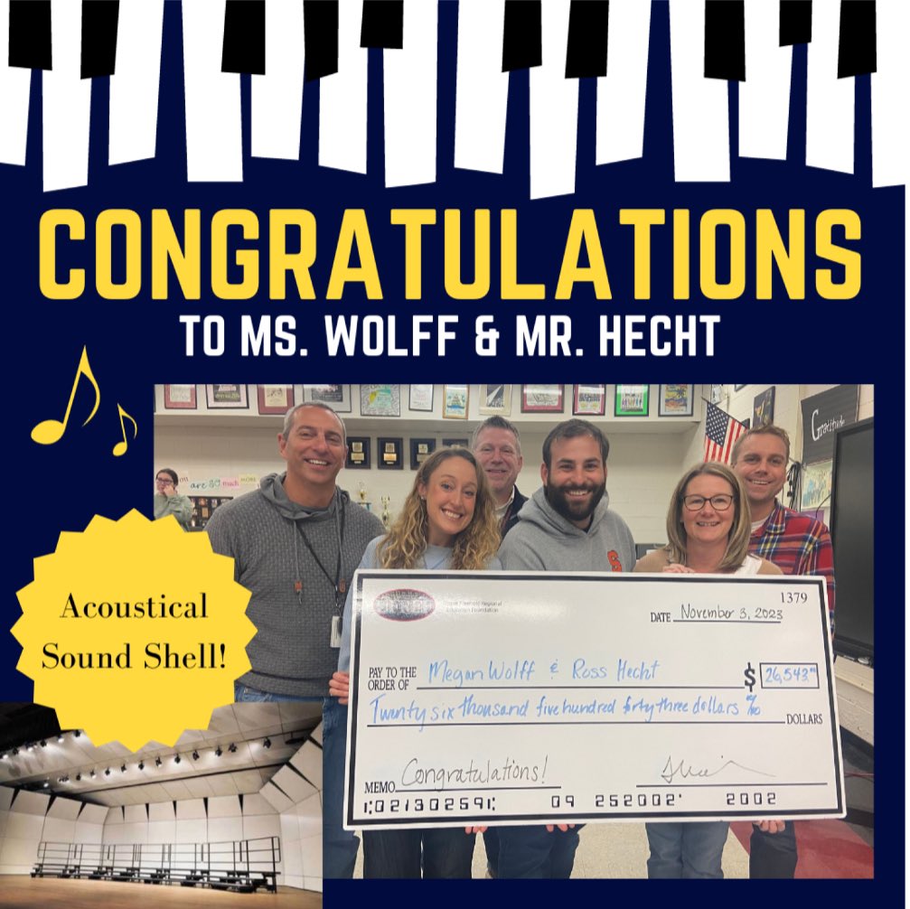 We are so proud to have awarded Mr. Hecht and Ms. Wolff a grant for over $26,000 for acoustic sound shells at Allentown High School! The sound shells will help any performers in the auditorium be louder for the audience and will elevate their performances. Congratulations! 🎉🎼🎻