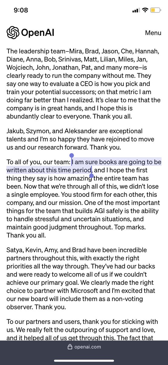 That they will. To all current and former employees, partners, investors, and board members of OpenAI, my proton email continues to be open if you’d like to speak to me for my book.