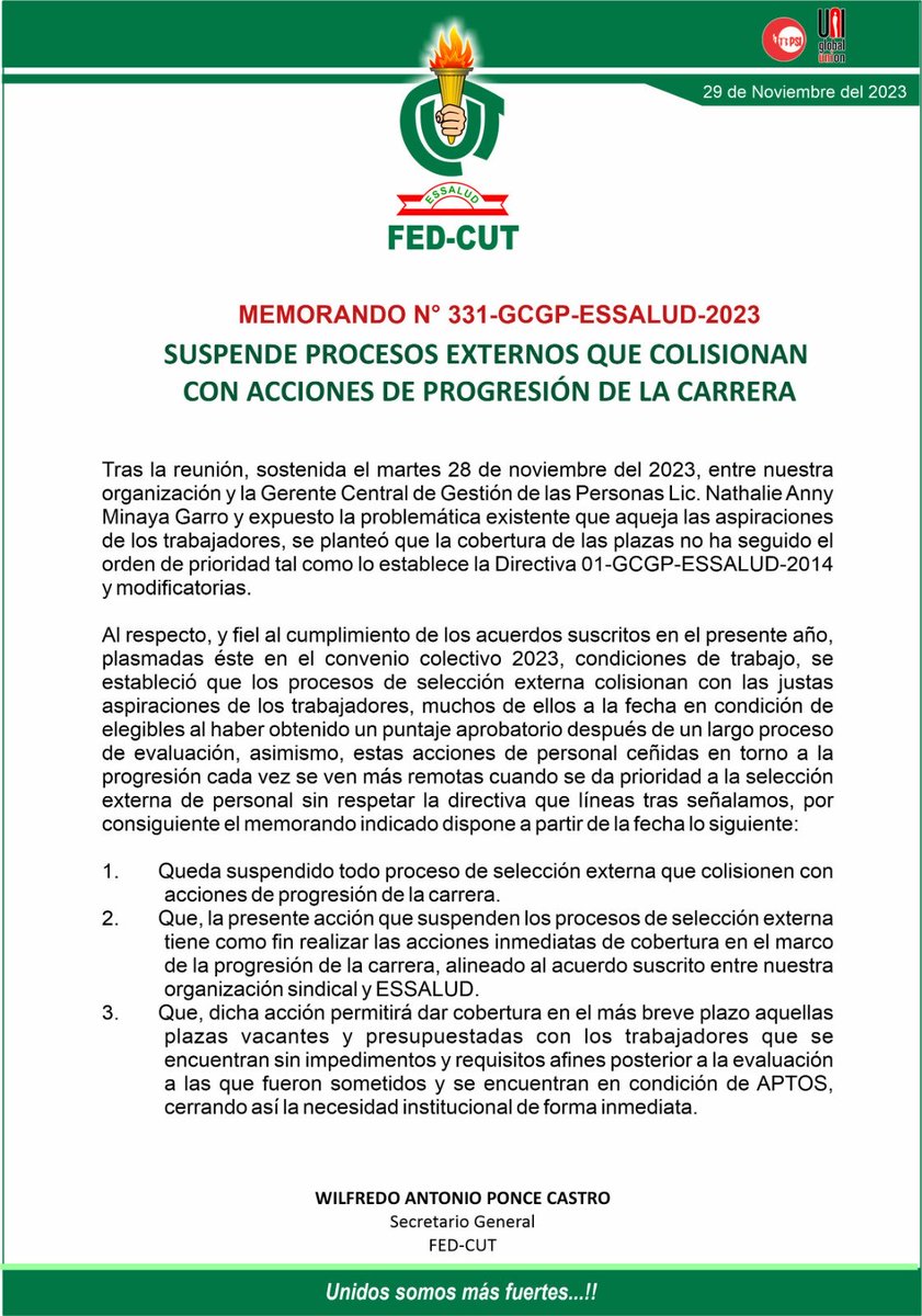 Willy_PonceC's tweet photo. #En reunión con GCGP, se ha solicitado la asignación de plazas a los trabajadores declarados elegibles y se desarrolle una política de progresión de la carrera en un corto plazo ¡Con Unidad, Trabajo y Perseverancia el Éxito se todos! @FedCut @josue_cuzcano https://t.co/0gUSTP8PVI