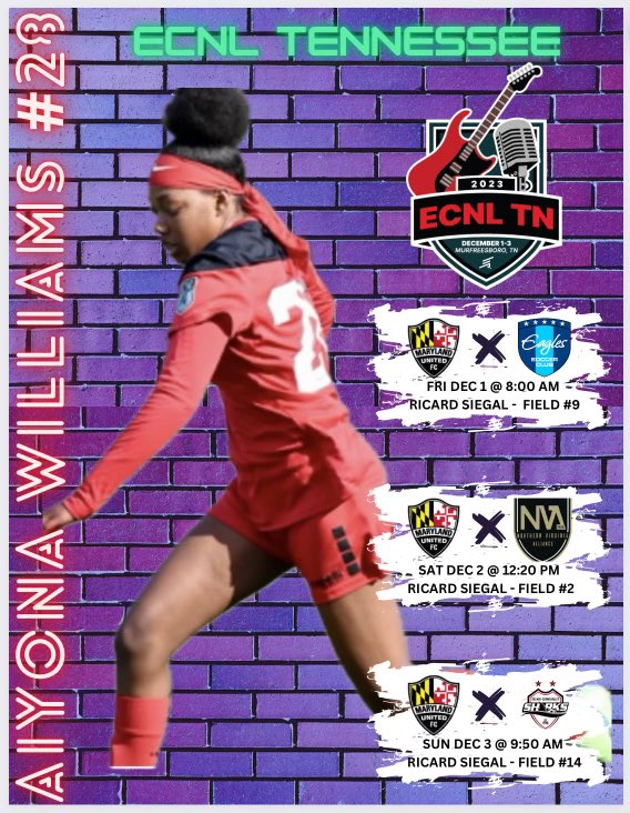 Come see the Maryland United G07 ECNL team and I play this weekend at ECNL Tennessee! 
<a href="/ECNLgirls/">ECNL Girls</a> <a href="/ImYouthSoccer/">ECNL/GA/Recruiting/College Soccer</a> <a href="/TheECNL/">The ECNL</a> <a href="/PrepSoccer/">Prep Soccer ⚽️</a> <a href="/teamgiveandgo/">Team Give & Go</a> <a href="/TopPreps/">College Coach / College Scout / College Recruiter</a> <a href="/TopDrawerSoccer/">TopDrawerSoccer</a> @SoccerMomInt <a href="/ImYouthSoccer/">ECNL/GA/Recruiting/College Soccer</a> <a href="/ImCollegeSoccer/">College Soccer Truth ™</a> <a href="/TheSoccerWire/">SoccerWire</a>
