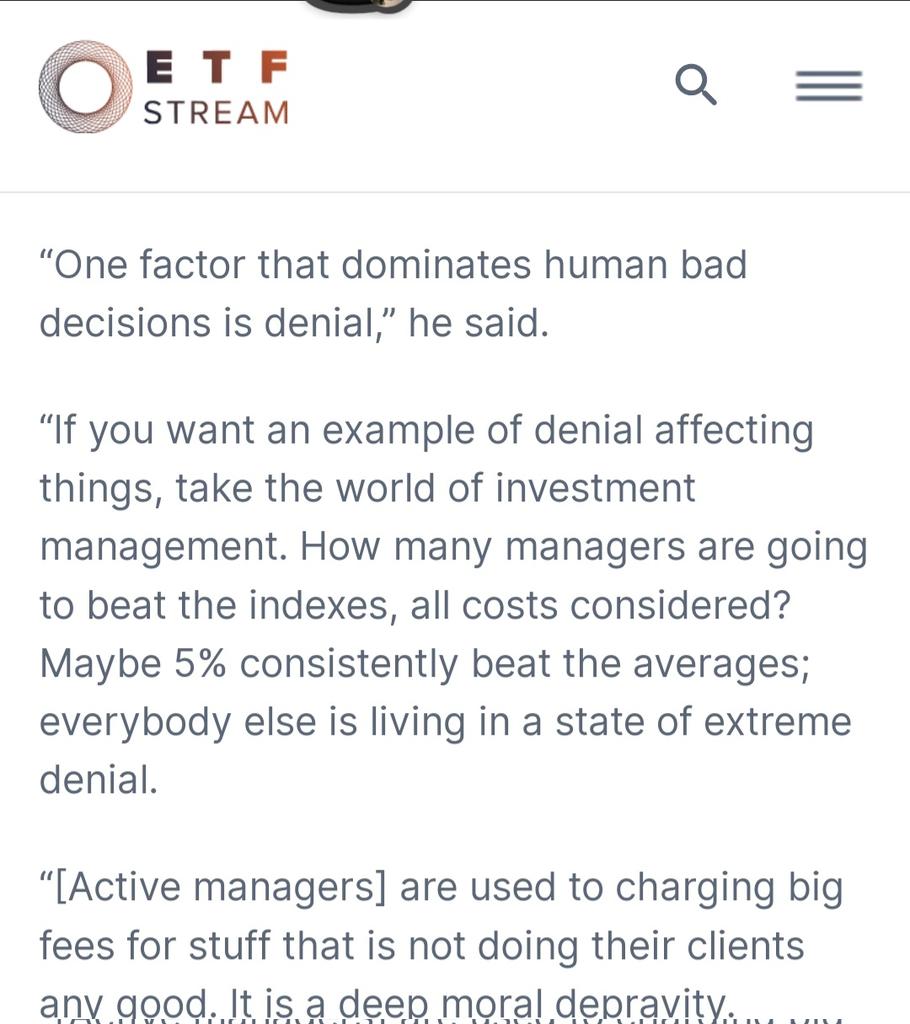 samdesai62's tweet photo. Charlie Munger:
“One factor that dominates human bad decisions is denial" ( like the inability of most #activemanagers to beat d #index )
#passiveinvesting #indexing
https://t.co/IE6eIgawsx https://t.co/Yb7Yoge6Mg