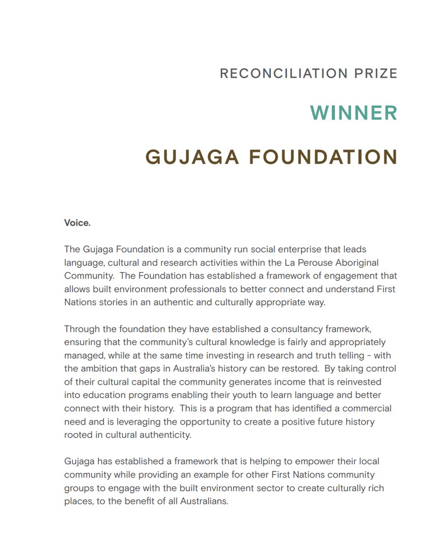 Last week the Gujaga Foundation was one of three recipient’s to be awarded the Australian Institute of Architects Reconciliation Award for 2023. This award recognises our work to empower our community @AusINSArchitect