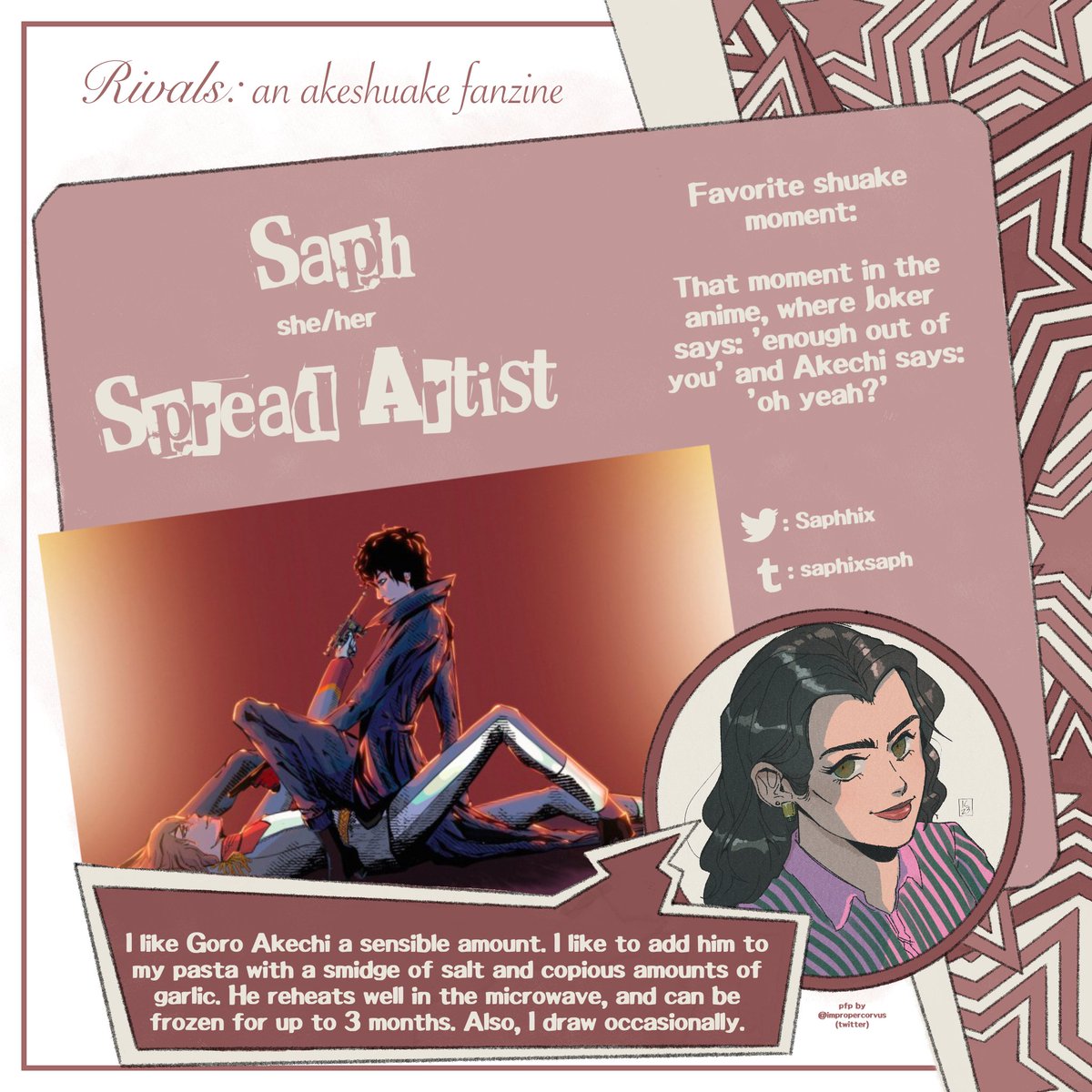 rivalszine's tweet image. 🃏 CONTRIBUTOR SPOTLIGHT 🃏

Next up is one of our fantastic spread artists, @Saphhix! We agree, Goro Akechi makes the perfect addition to any dish! Try it at home!