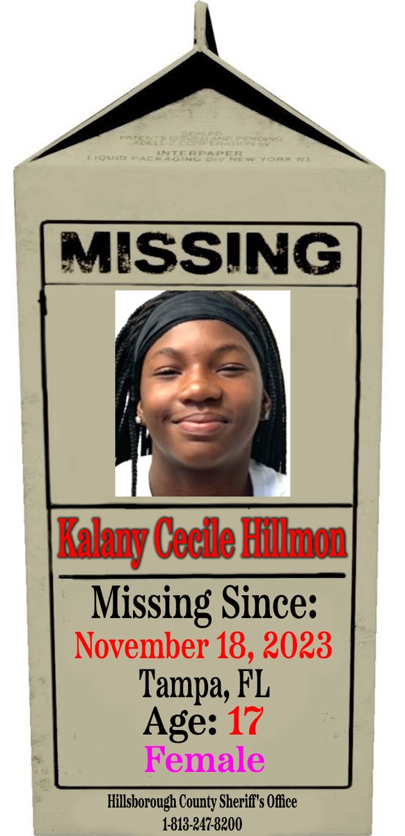 🚨🚨🚨 MISSING CHILD 🚨🚨🚨

Kalany Cecile Hillmon
Age: 17
Missing Child: 11/18/23
#Tampa, #Florida 

Please Call If You Have Information:

#HillsboroughCounty Sheriff's Office
1-813-247-8200

#ProjectMilkCarton 
#MissingChildren 
#BringThemHome