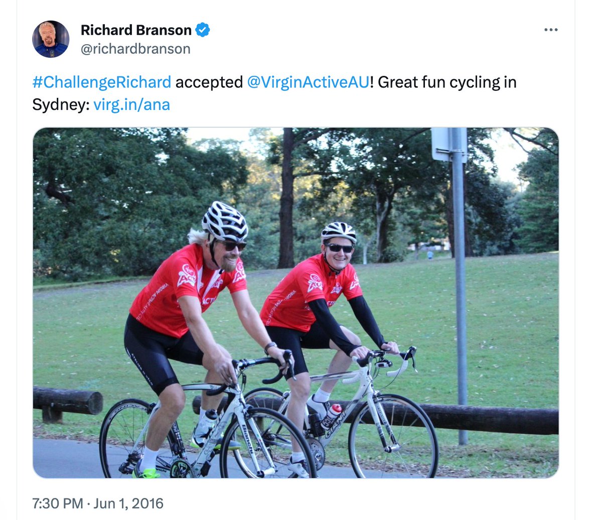 MattyWhittyHere's tweet photo. @richardbranson Make sure you come for a bike ride in Sydney when you are here next week!
I loaned you a bike back in 2016 for a ride around the park and would be happy to offer it again! https://t.co/ijicOepxbV
