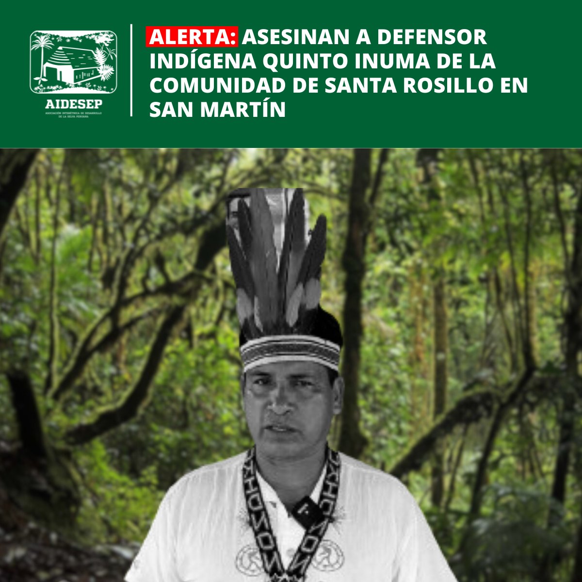 🚨🚨#URGENTE | Asesinan al apu Quinto Inuma, defensor indígena que en reiteradas ocasiones venía denunciando la extracción ilegal de madera en los territorios de su comunidad en Santa Rosillo (San Martín).