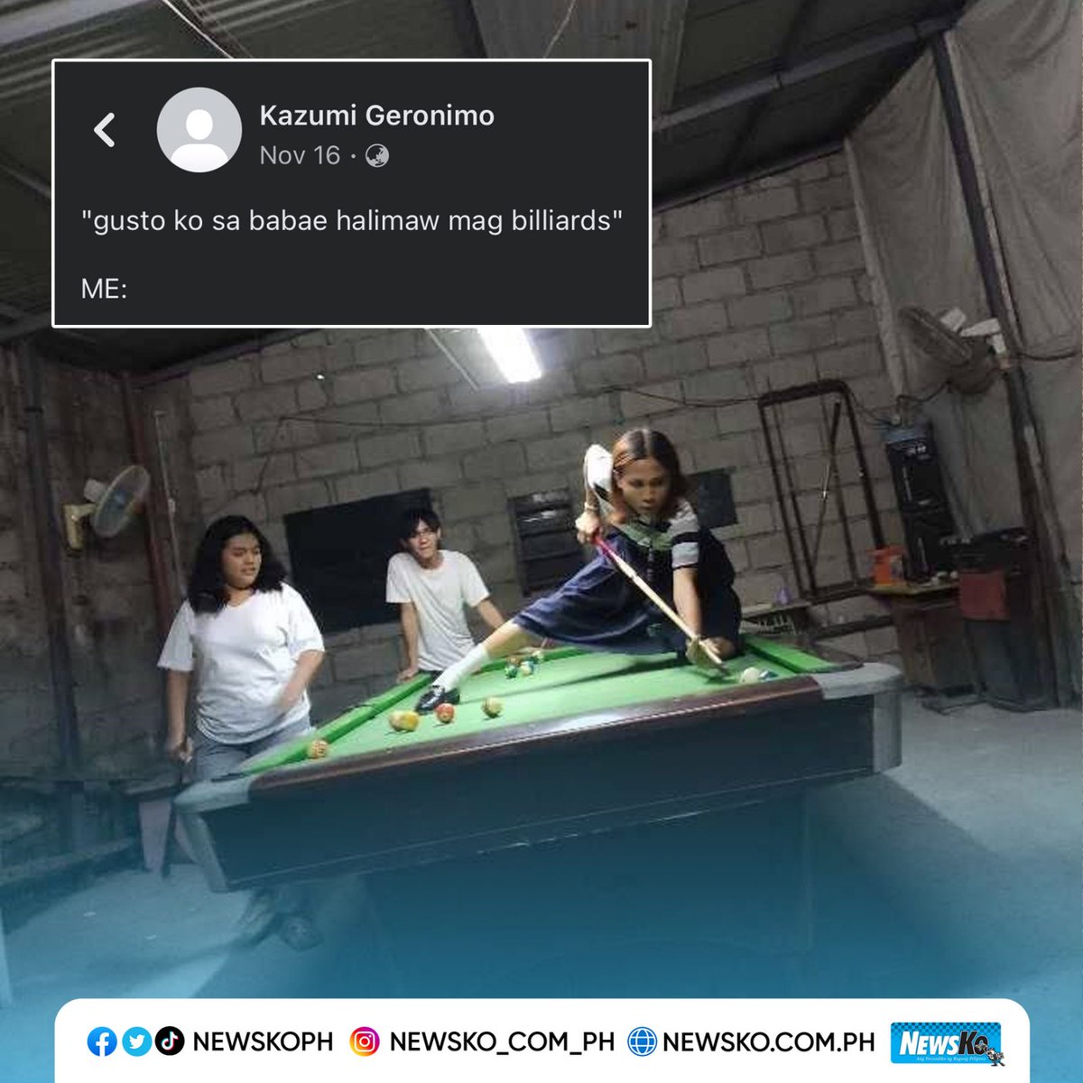 NewsKoPH's tweet photo. #MemesPH: 'Yung nasobrahan ka sa pagiging 'sporty' para lang magka-dyowa. 🥲😹
"Gusto ko sa babae halimaw mag-billiards," caption ng uploader sa post.
📸 Kazumi Geronimo
Bisitahin ang aming official website: https://t.co/mdIbQKpPI3
#ViralPH #GoodVibesPH #Trending #Funny #fyp https://t.co/V3k3NFCgNw