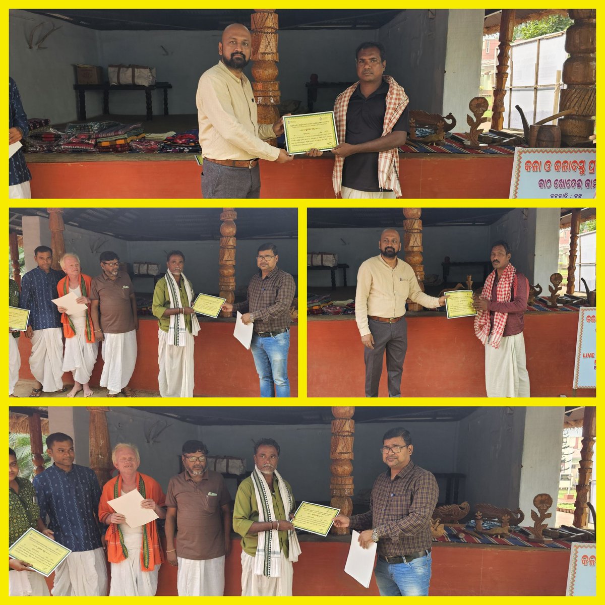 scstrti's tweet photo. The 15-day "live demonstration" of #Kulis (tribal textile) and #Kandha (wood carving) as part of the commemoration of #JanjatiyaGouravDivas2023 came to an end yesterday i.e on 29.11.2023.
 The participating craftsmen were felicitated with certificates of appreciation as a token of gratitude in the presence of Sri Santosh Rath, Deputy Director, Deputy Director Smt. Sagarika Priyadarshini, Officer on Special Duty (OSD) Sri Samarendra Bhutia, and other officials of  SCSTRTI.

@CMO_Odisha 
@saraka_fan 
@IPR_Odisha
@roopars
@scstdevdept
@MoSarkar5T
@TribalAffairsIn @MundaArjun @renukasinghbjp @Bishweswar_Tudu @PIB_India @mygovindia @AmritMahotsav 
#JanjatiyaGauravDivas 
#JanjatiyaGauravDivas2023
#ViksitBharatSankalpYatra
#EmpoweringTribalsTransformingIndia
#JanJatiyaGauravDivas   #HamaraSankalp #CulturalDiversity #EmpoweringTribalsTransformingIndia #ViksitBharat  #InclusiveGrowth  #JanJatiyaNayak    #TribalEmpowerment    #AmritMahotsav   #CulturalPride