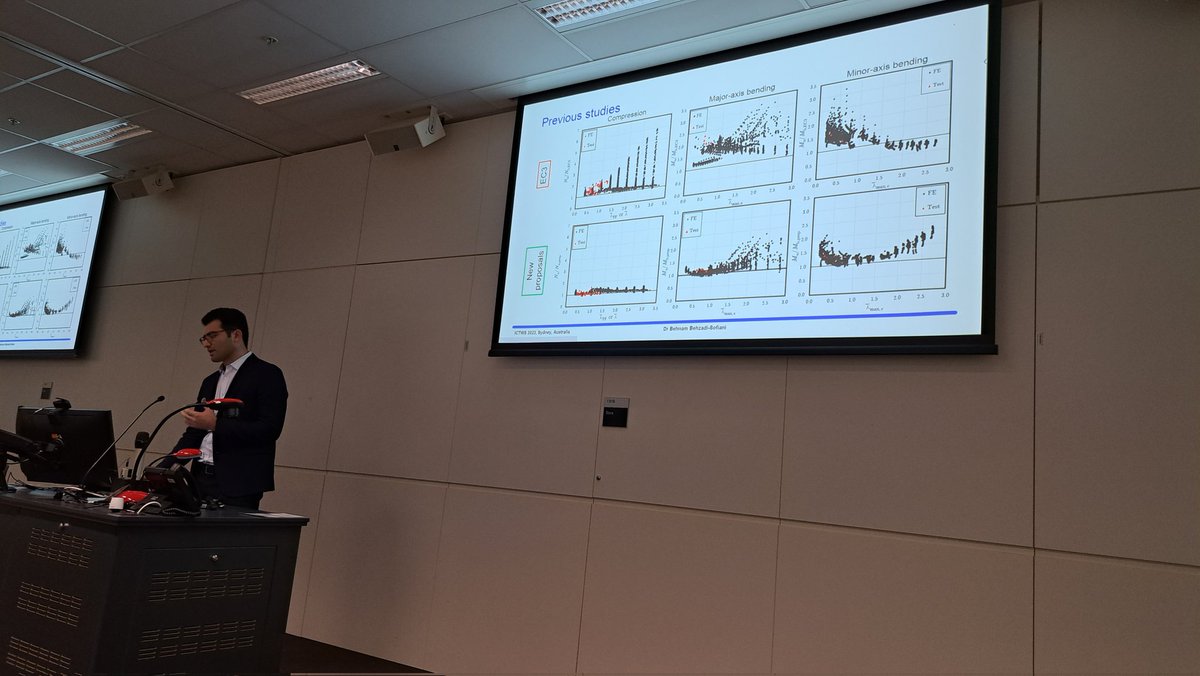 Now it's @BBehzadiSofiani's turn, he's presenting our work on thin steel angle members under combined bending and compression. #ICTWS2023 @ICNonlinearMech @ICSteelStruct @ImpEngineering @ImperialCiveng