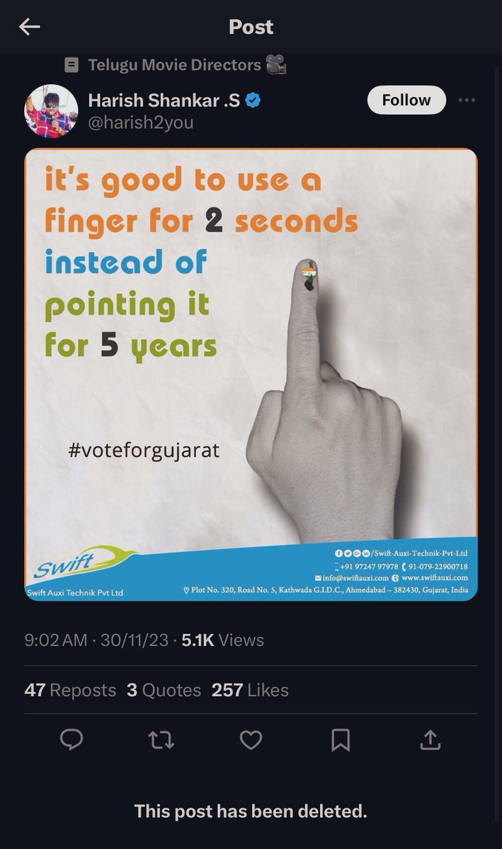 TelanganaRT's tweet photo. Director Harish Shankar posted and deleted this tweet 🤦🏻‍♂️🤡

#TelanganaElections https://t.co/gmtlMxUHXz
