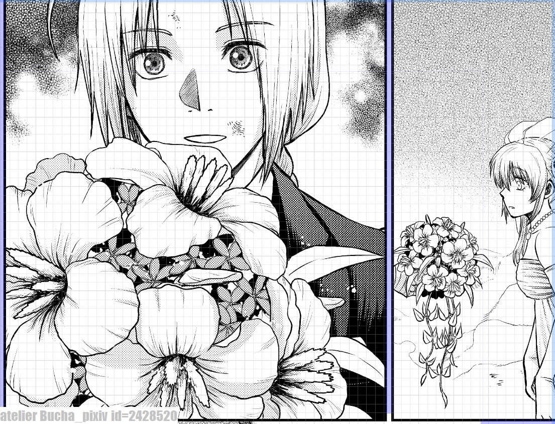 2023冬銀魂・R18沖神結婚式本新刊「つなぐ手と手の絆、となりで。」進捗。花嫁神楽ちゃんにブーケを渡してお祝いしてくれるお兄ちゃん。あのお花です #2023冬新刊進捗