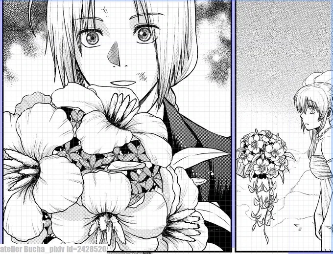 2023冬銀魂・R18沖神結婚式本新刊「つなぐ手と手の絆、となりで。」進捗。花嫁神楽ちゃんにブーケを渡してお祝いしてくれるお兄ちゃん。あのお花です #2023冬新刊進捗