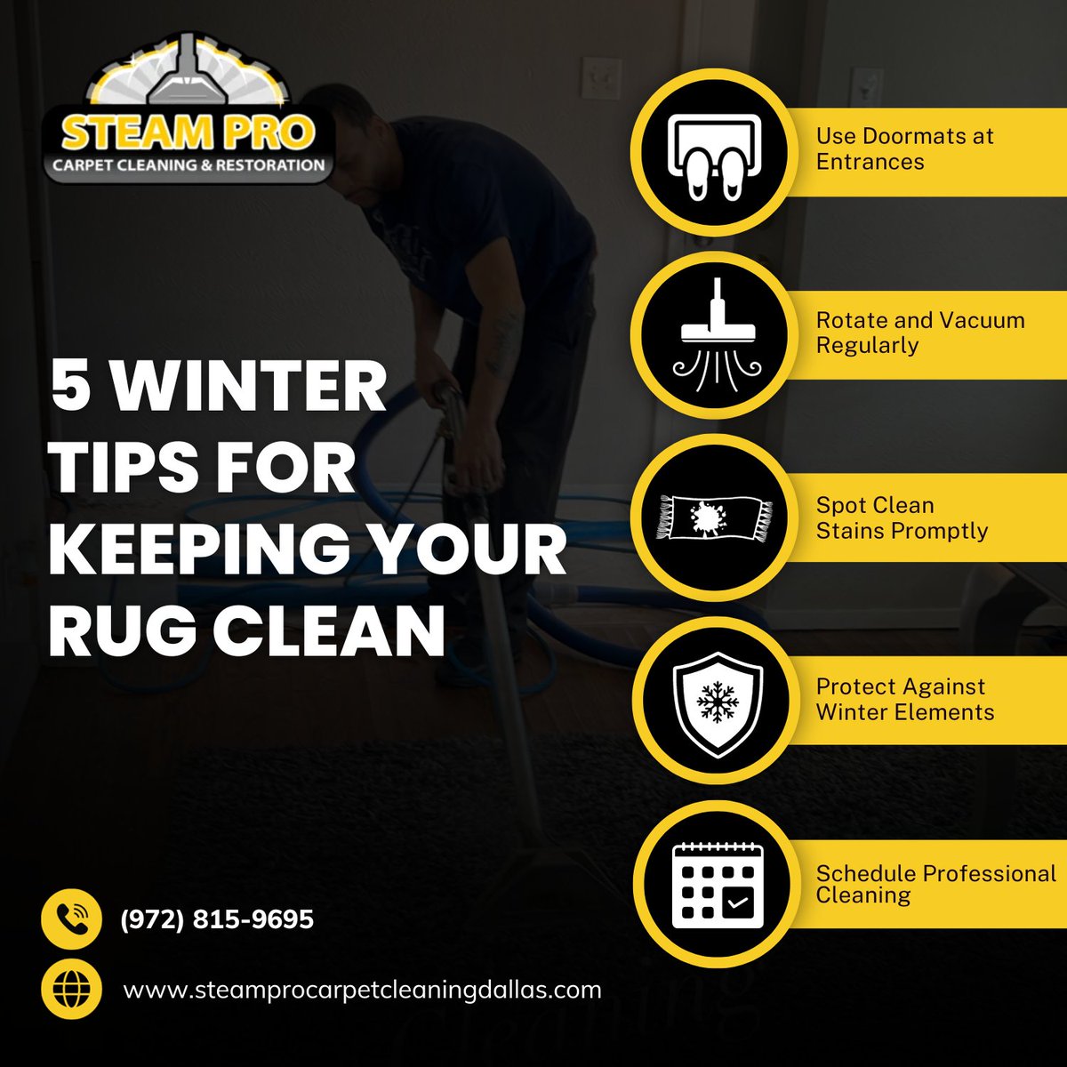 SteamProDallas's tweet image. 🌨️✨5 Winter Tips for Keeping Your Rug Clean

1️⃣Mat Magic at Entrances
2️⃣Rotate and Vacuum Routine
3️⃣Swift Stain Solutions
4️⃣Winter Element Shield
5️⃣Pro Clean Finale

5⭐️Google-Rated Excellence! 🌟Special $99 offer for a limited time.

☎:(972) 815-9695
🌐:steamprocarpetcleaningdallas.com/area-rug-clean…