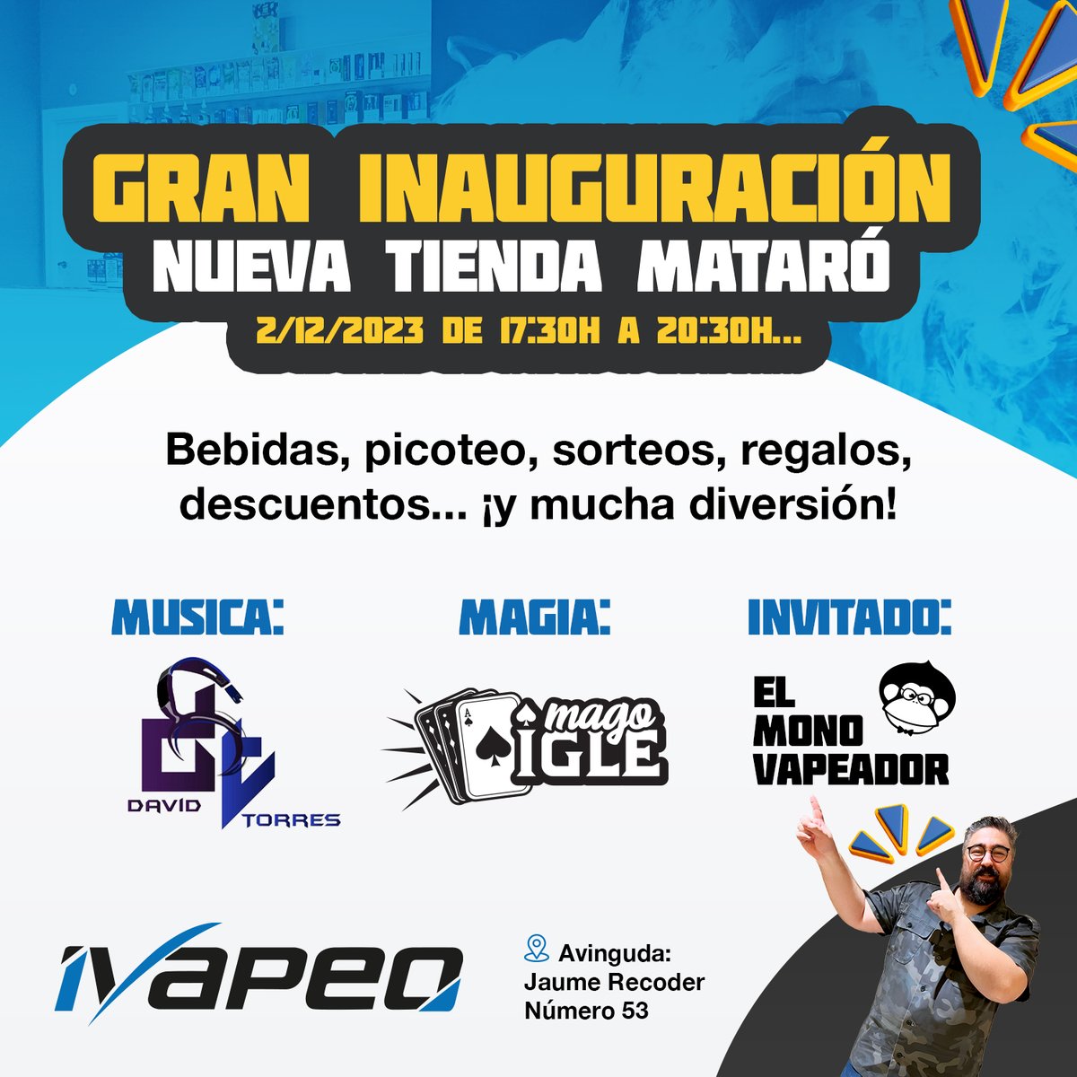 iVapeo's tweet photo. ¡Hey Vapers!
¡Prepararos para una experiencia única en el evento de Mataró! 🎉 Pica pica delicioso, bebida refrescante, sorteos emocionantes, DJ en directo , trucos de magia sorprendentes y la presencia exclusiva del @ElMonoVapeador
#SpotifyWrapped #OTDirecto29N #ivapeo #vape https://t.co/mXHjaD16wr