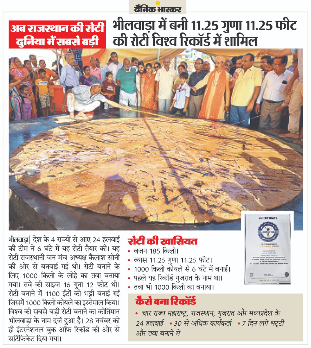 राजस्थान में 4 राज्यों के 24 हलवाइयों ने बनाई दुनिया की सबसे बड़ी रोटी, वर्ल्ड रिकॉर्ड में दर्ज हुआ कीर्तिमान #InternationalBookOfRecords #Rajasthan #Bhilwara अधिक खबरें और ई-पेपर पढ़ने के लिए दैनिक भास्कर ऐप इंस्टॉल करें - dainik-b.in/mjwzCSxDdsb